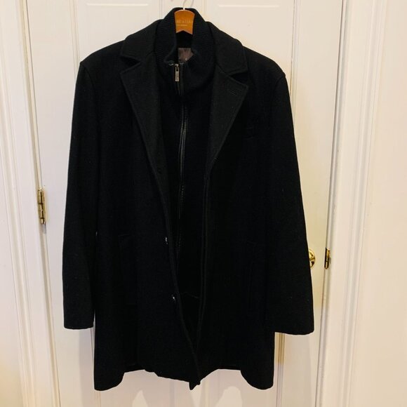 Cole Haan Men's Black Wool-blend Contrast-bib Car Coat Large - Picture 8 of 16